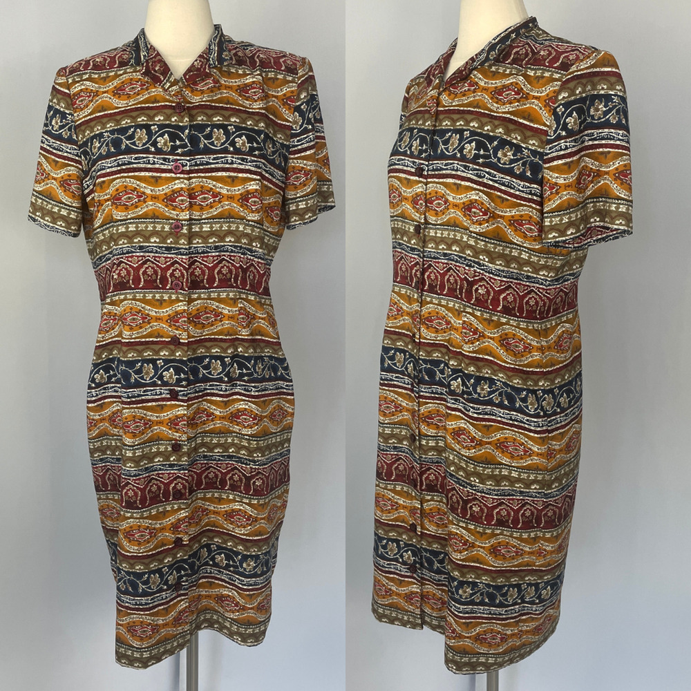 Vtg 90s Shirt Dress Size Medium Brown Colorful Boho Earthy Funky Stripe Button